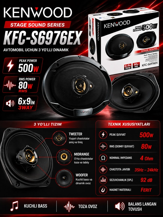 Kenwood колонки для авто 220W 10 см KFC-S1066, авто колонки, комплект 2 шт