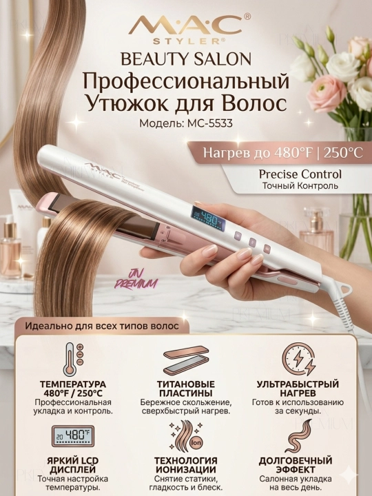 Professional to‘g‘rilagich, soch dazmoli MAC, keramik, LCD displeyli