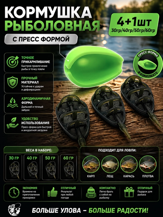 Набор рыболовных кормушек, 4+1 прессформа 30,40,50,60 гр - 
