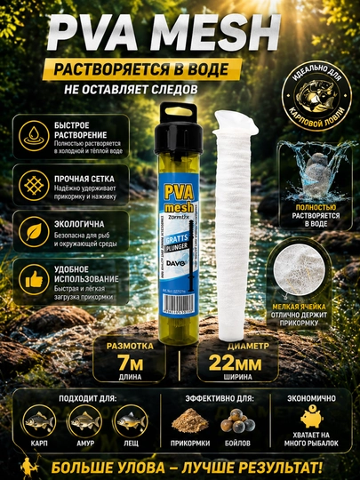 ПВА сетка с плунжером PVA MESH DAYO 16-22мм 7м / ПВА система — FISHHUN-PVAHALTA-22x7m