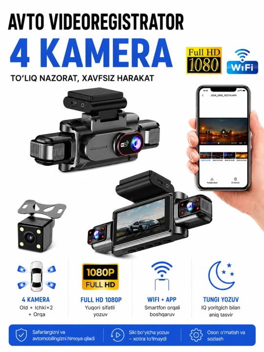4 kamerali videoregistrator, G-sensor va zarba datchigi bilan jihozlangan