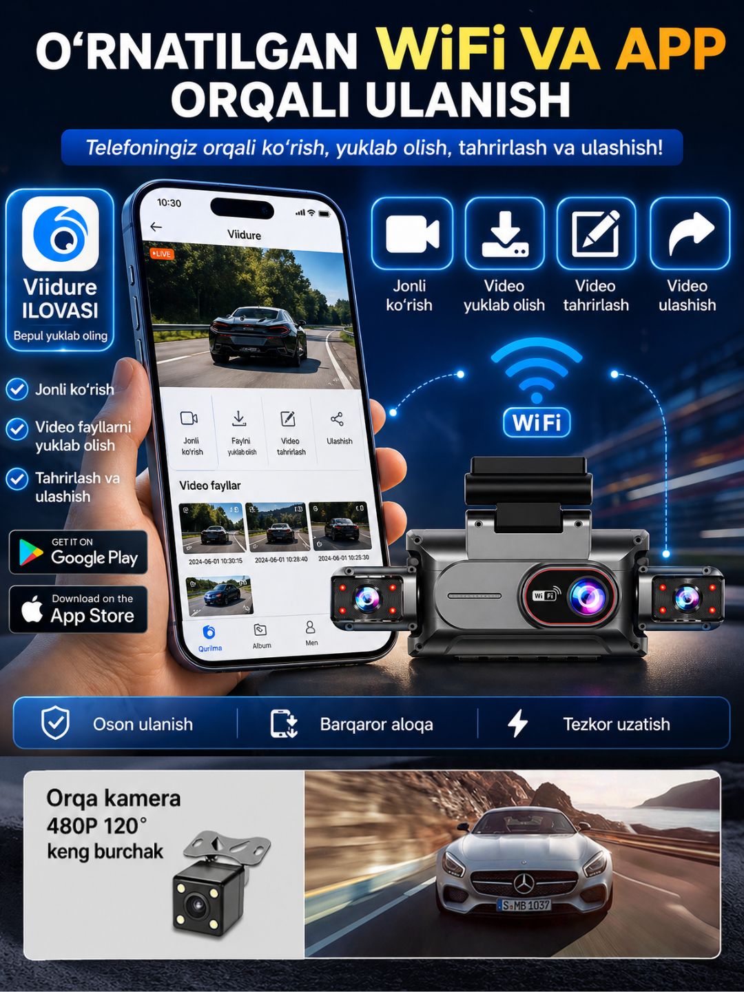4 kamerali videoregistrator, G-sensor va zarba datchigi bilan jihozlangan