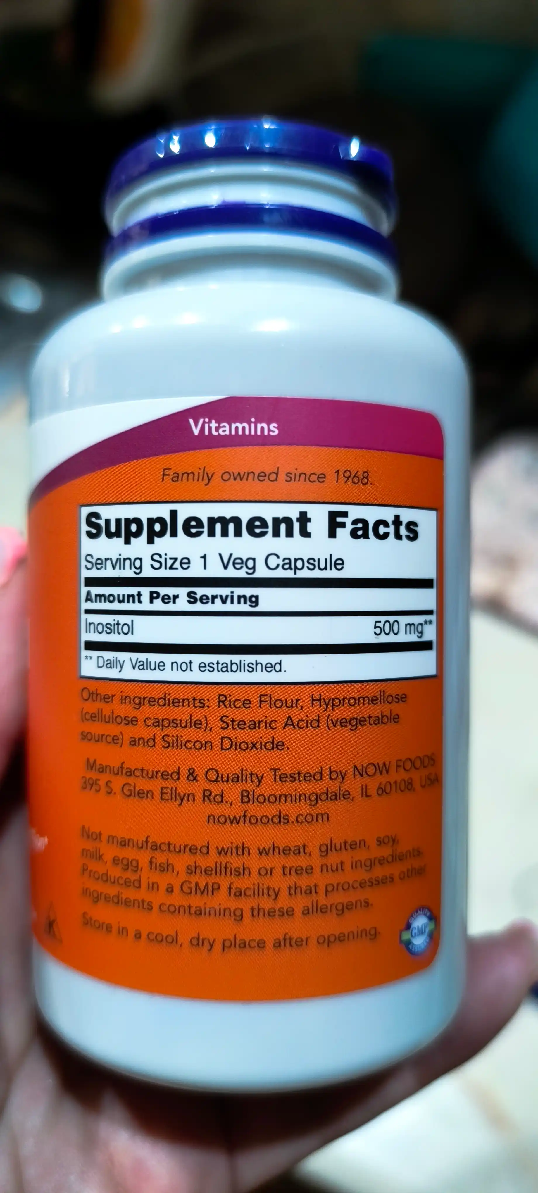 NOW Supplements, Inositol 500 mg, membrana va hujayra salomatligi, 100 kapsula Halol