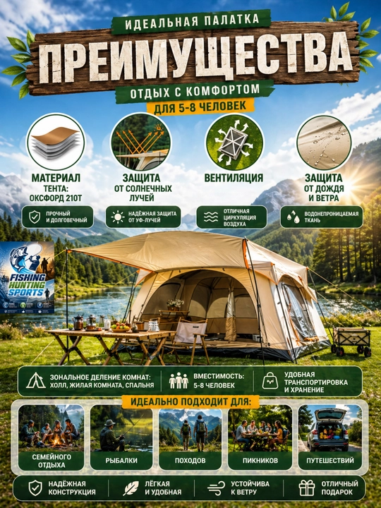 Туристическая палатки, на 2-5, 5-8, 8-9, 10-12 человек