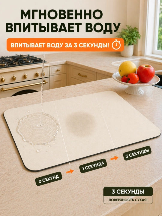 Наноковрик коврик для сушки посуды силиконовый, противоскользящий коврик для кухни - 