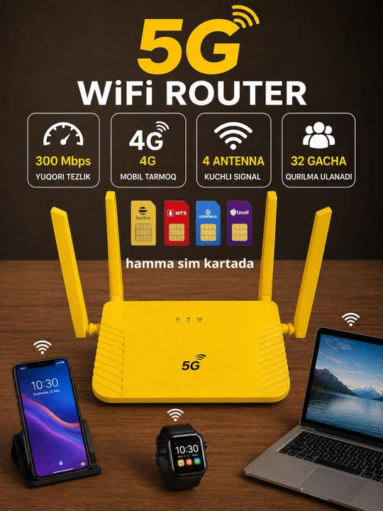 Yuqori sifatli 4G Wi-Fi router, SIM-karta sloti bilan, ikki diapazonli, 4 ta antenna bilan - 
