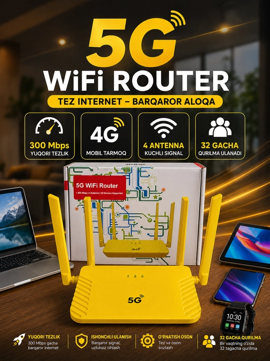 Yuqori sifatli 4G Wi-Fi router, SIM-karta sloti bilan, ikki diapazonli, 4 ta antenna bilan