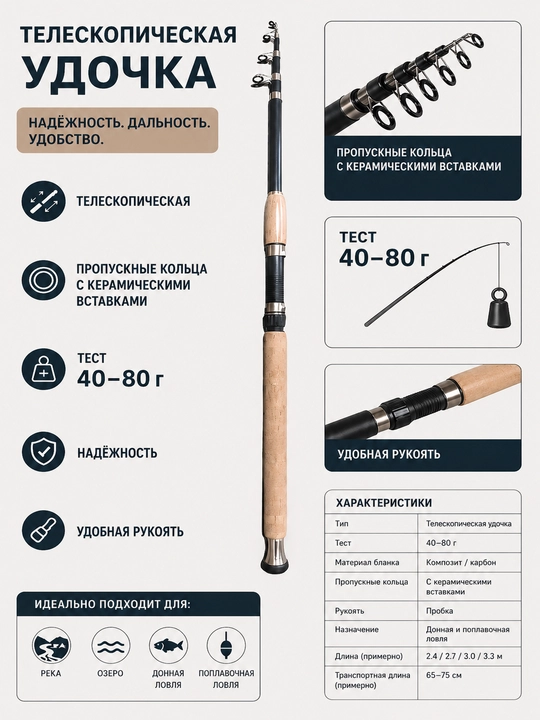 Teleskopik qarmoq IMIN 210-450 sm, test, 40-80 g, yig‘iladigan ixcham