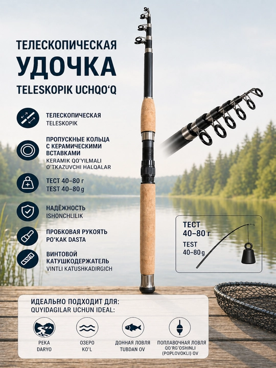 Teleskopik qarmoq IMIN 210-450 sm, test, 40-80 g, yig‘iladigan ixcham - 