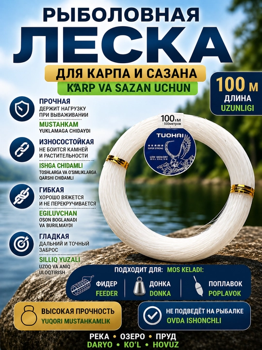 Baliq ovlash ipi 100 m karp va sazan uchun, mustahkam, donka uchun