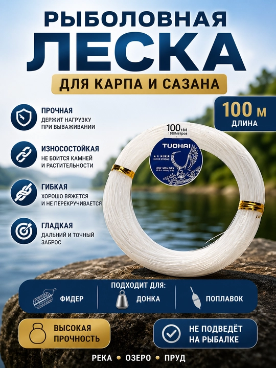 Baliq ovlash ipi 100 m karp va sazan uchun, mustahkam, donka uchun - 