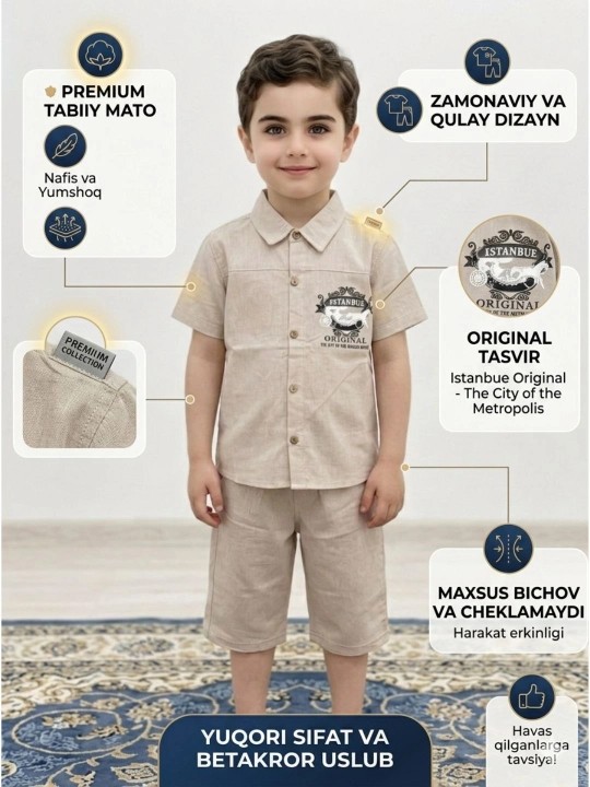 2-8 yoshli o‘g‘il bolalar uchun yozgi ko‘ylak va shortik to‘plami
