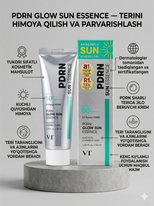 SPF50+ PA++++ quyoshdan himoya kremi VT PDRN Glow Sun Essence yuz uchun 50 ml