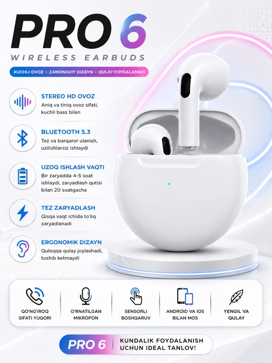 PRO 6 Bluetooth quloqchin – kuchli ovoz va zamonaviy dizayn - 