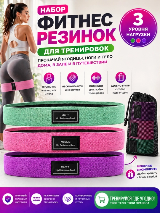 Набор фитнес резинок тканевых для тренировок ягодиц и ног, 3 уровня нагрузки - 