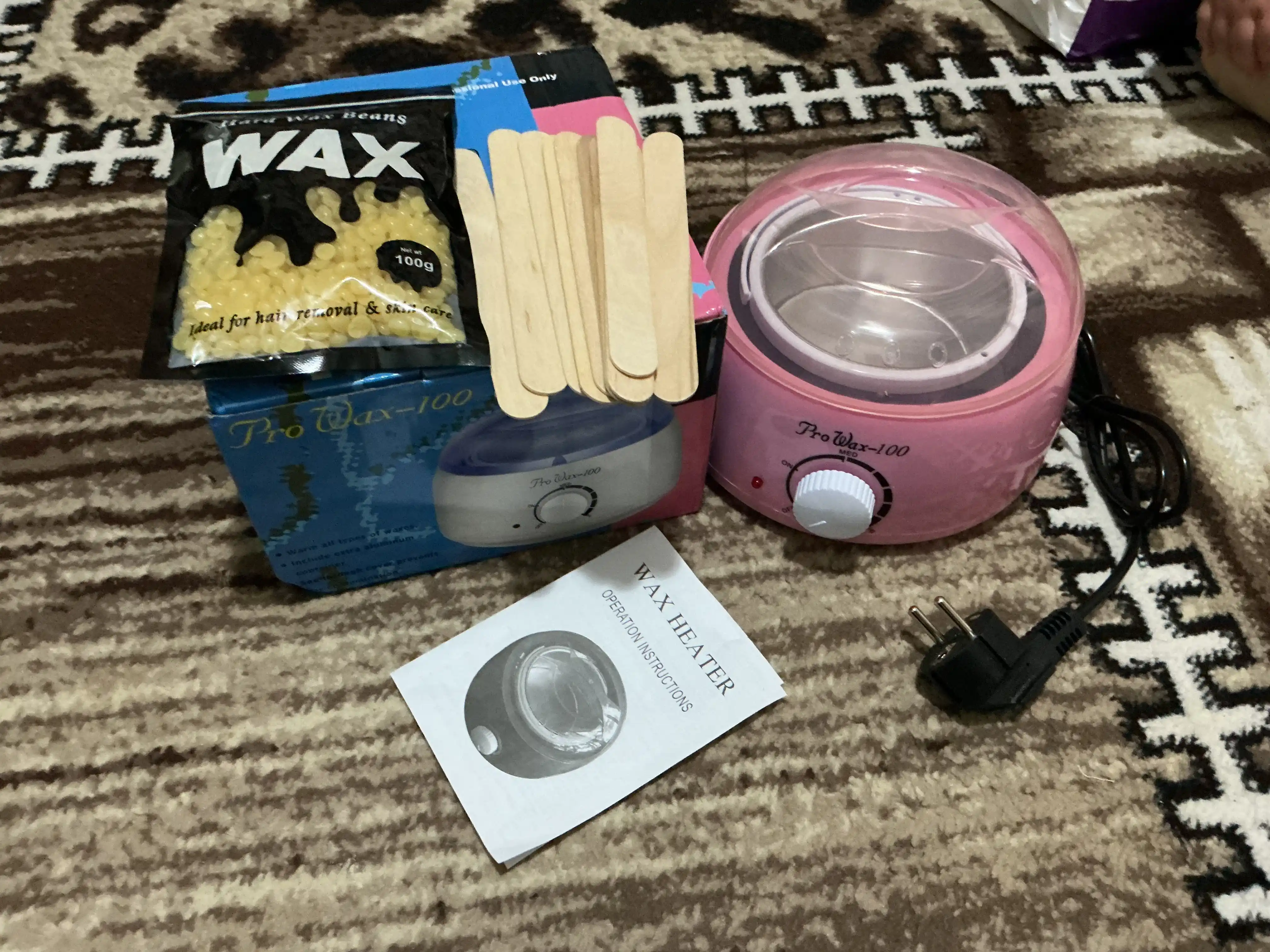 Depilatsiya to'plami: mum, depilyatsiya qozoncha, depilatsiya mumi 100 g, cho'p, 10 dona