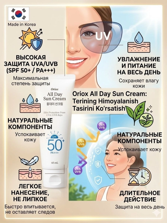 All day quyoshdan himoya kremi KOREA maxsuloti – teringizni kun bo‘yi himoya qiladi 65 ml