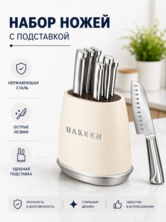 UAKEEN zanglamaydigan po‘lat pichoqlar to‘plami stend bilan, oshxona uchun zamonaviy set - 