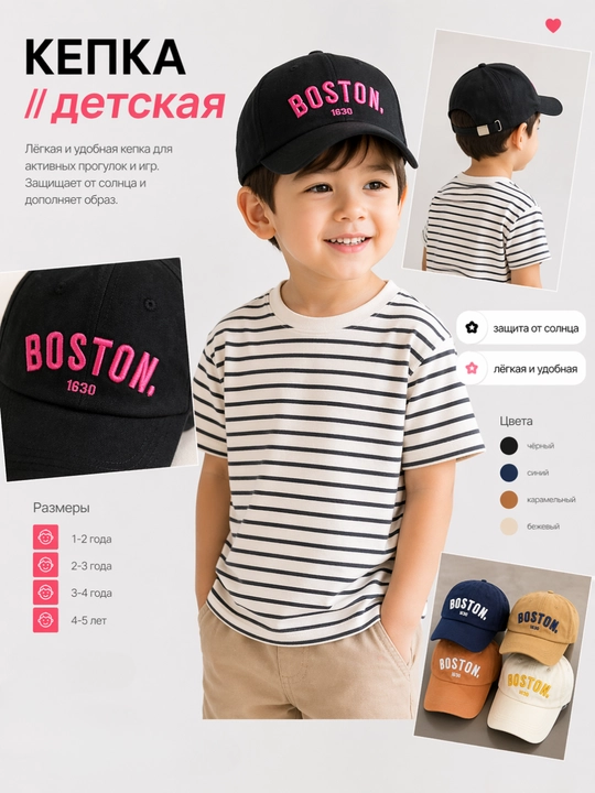 Bolalar uchun kepka "BOSTON" — yozgi, quyoshdan himoya qiluvchi, 1-5 yosh - 