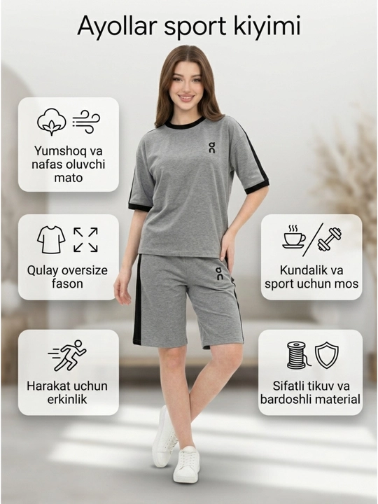 Ayollar sport kiyim to‘plami (oversize futbolka + short) — qulay va universal (on)