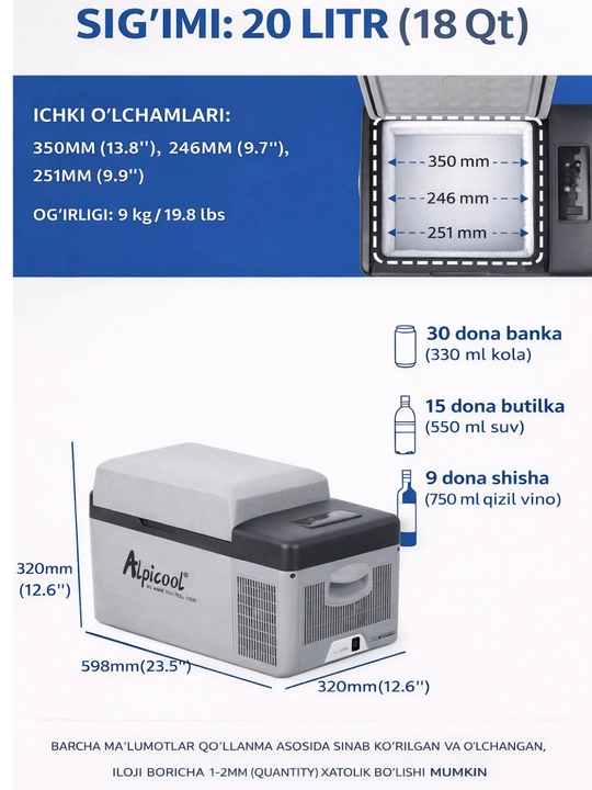 Avtomobil muzlatgichi Alpincool, 20 litr, -20 dan +20 gacha ishlaydi frion orqali ishlaydi