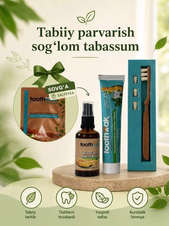 Misvoqli nabor: misvakli tish cho‘tkasi, tish pastasi, sprey + sovg‘a salfetka  - 