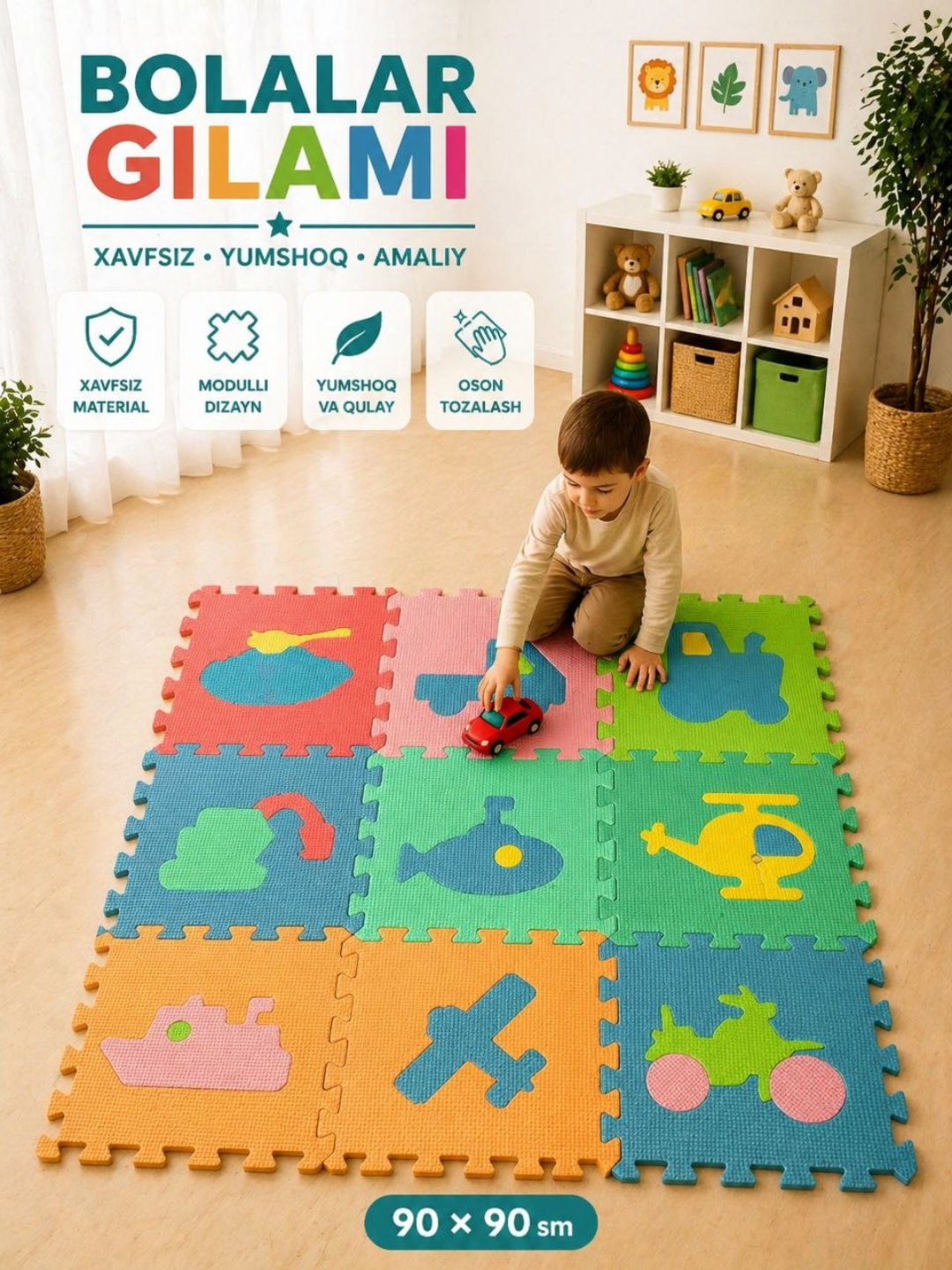 Bolalar uchun modulli o‘yin gilami 90×90 sm - 
