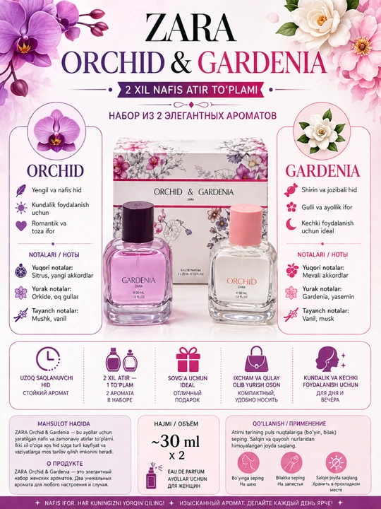 ZARA Orchid & Gardenia — ayollar uchun atirlar to‘plami (2 dona) - 
