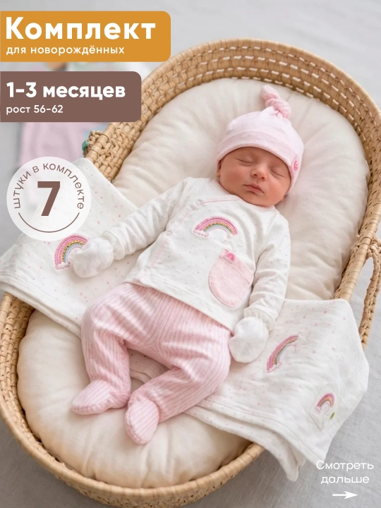 Набор из 7 предметов для новорождённых. (3–6 месяцев). Нательная детская одежда - 
