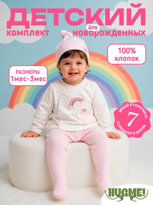 Набор из 7 предметов для новорождённых. (3–6 месяцев). Нательная детская одежда