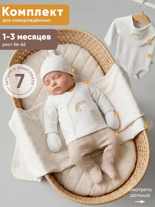 Набор из 7 предметов для новорождённых. (3–6 месяцев). Нательная детская одежда