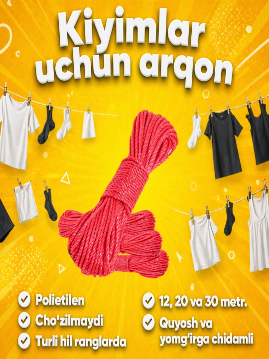 Kiyimlarni quritish va yuklarni bog'lash uchun Neylon arqon 12, 20 va 30m - 