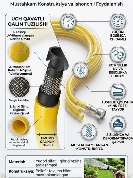 Sug'orish shlangi 3 qatlamli, yozgi uylar, o'yingox-saylgoxlar va bog'lar uchun