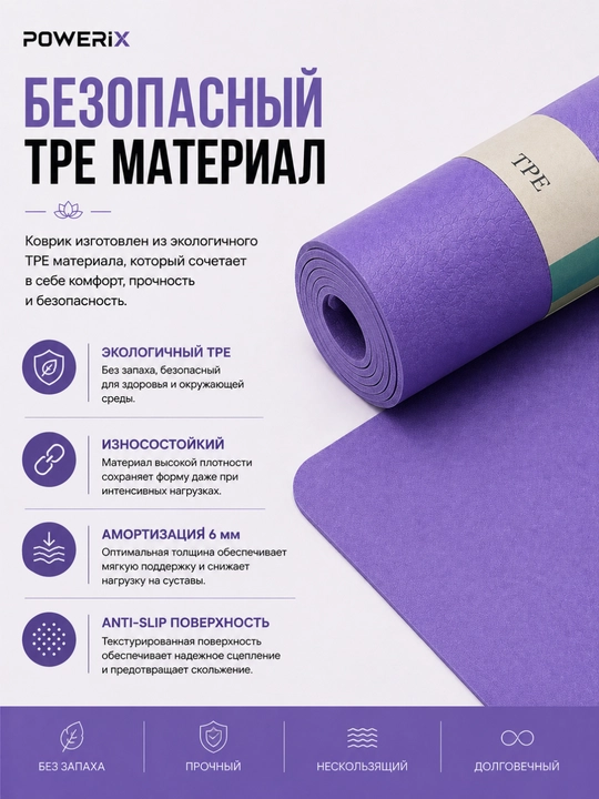 Коврик, фитнес коврик для йоги и тренировок, нескользящий двухслойный спортивный мат