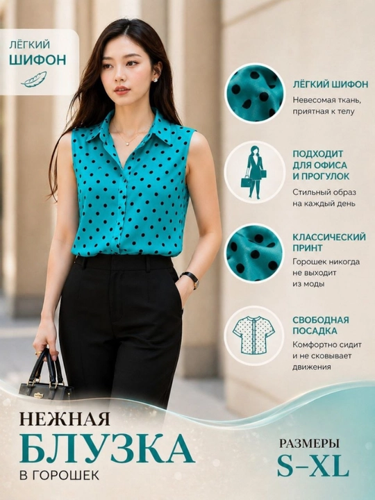 Женская шифоновая блузка без рукавов в горошек, лёгкая, размеры S–XL - 