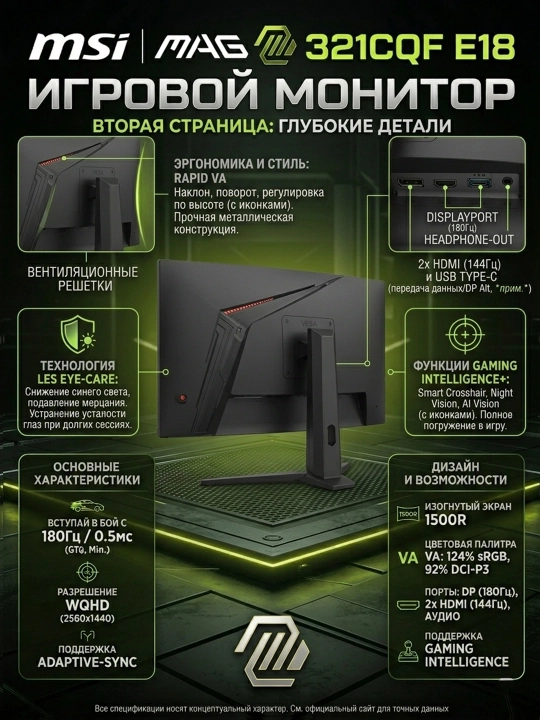 Monitor MSI MAG 321CQF E2, 31.5", 2K QHD, 170Hz, VA, kavisli o'yin monitori 1000R