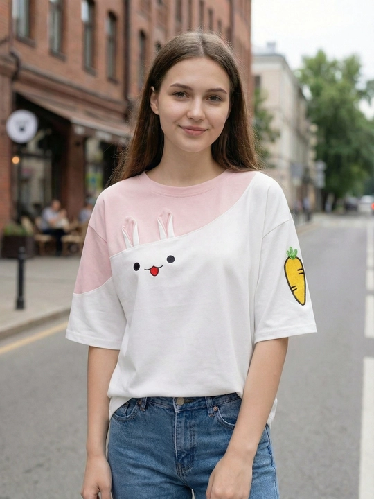 Футболка оверсайз с асимметричным принтом "заяц", три цвета, размеры M-XXL