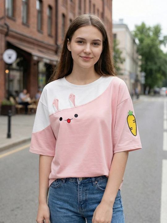 Футболка оверсайз с асимметричным принтом "заяц", три цвета, размеры M-XXL