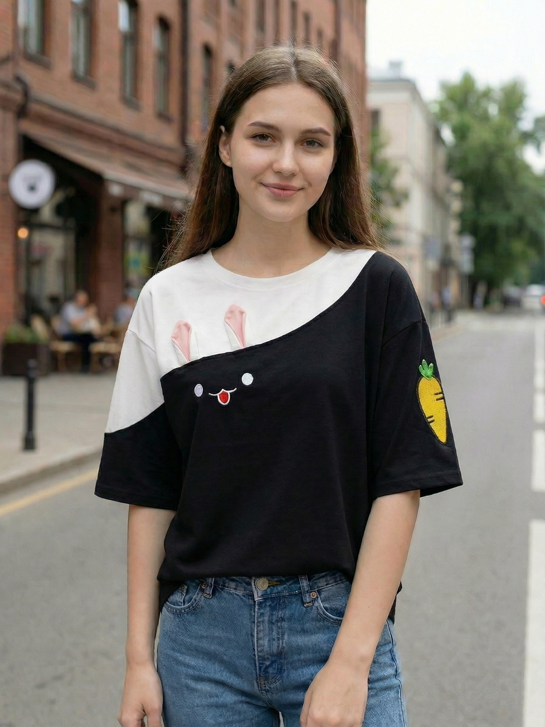 Футболка оверсайз с асимметричным принтом "заяц", три цвета, размеры M-XXL