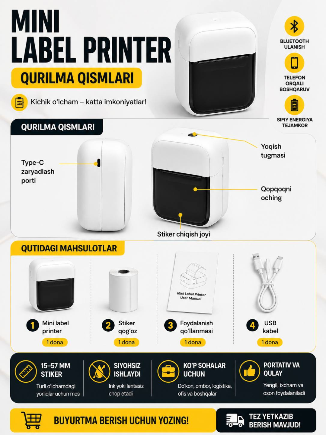 Yorliq, chek va markirovka uchun portativ termoprinter,