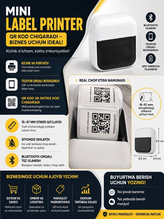 Yorliq, chek va markirovka uchun portativ termoprinter,