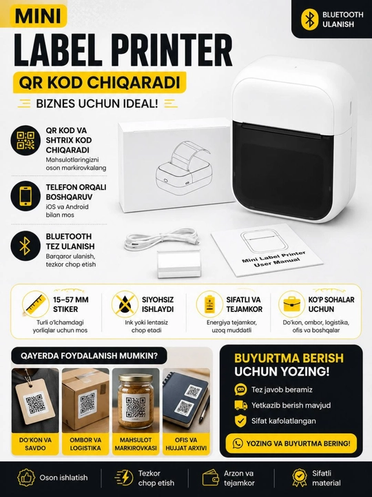 Yorliq, chek va markirovka uchun portativ termoprinter,
