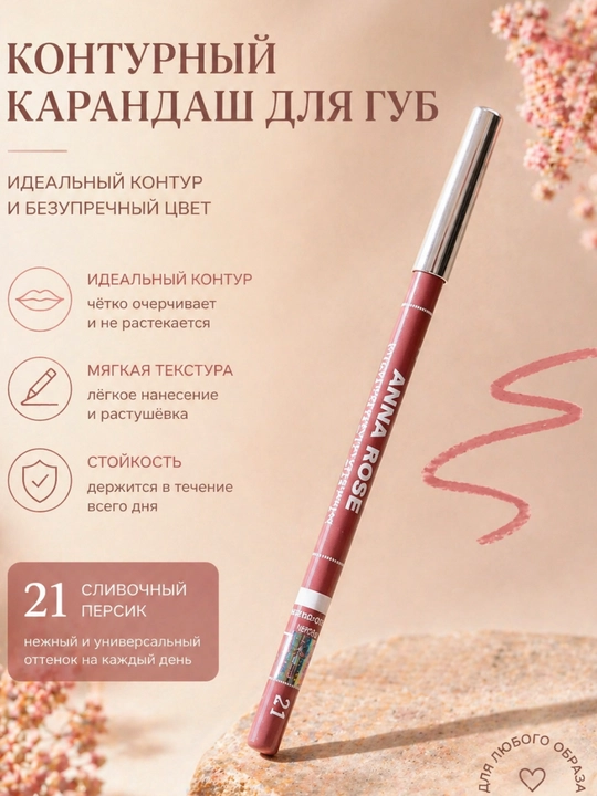 Карандаш для губ ANNA ROSE 24H контурный стойкий водостойкий карандаш для губ - 