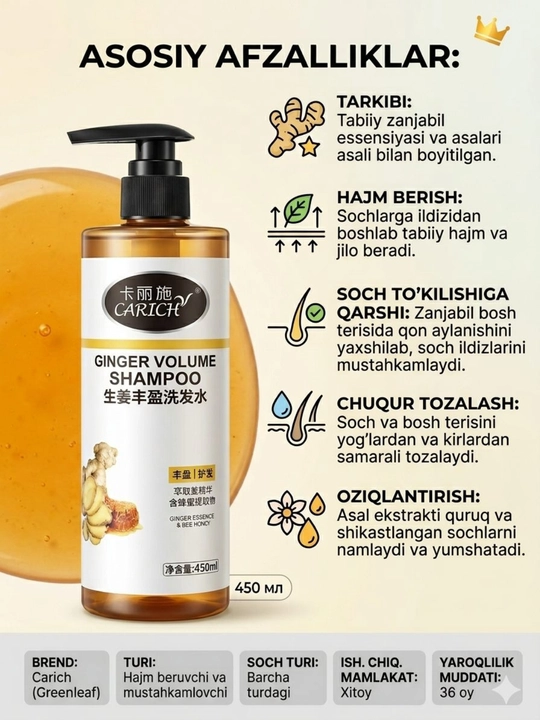 Шампунь для объема волос Carich Ginger Volume Shampoo с экстрактом имбиря и меда, 450 мл - 