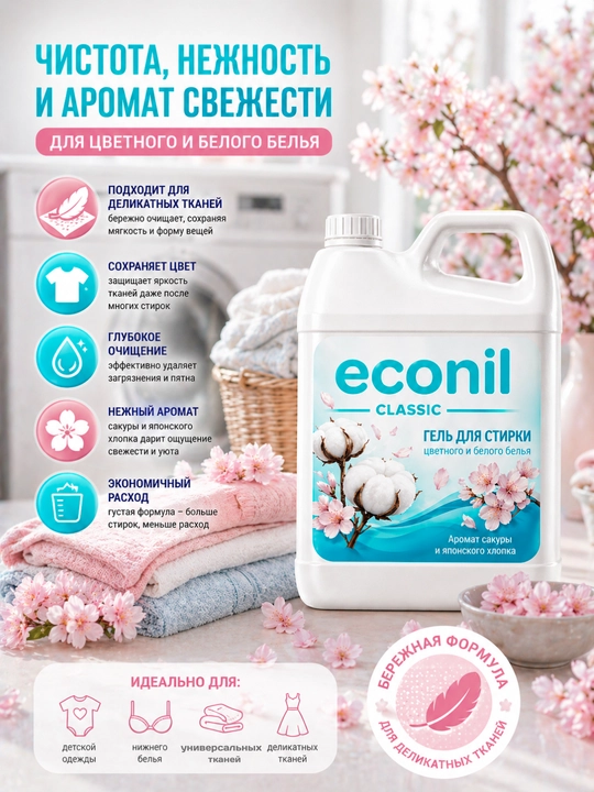 Гель для стирки Econil 3 л, жидкий стиральный порошок
