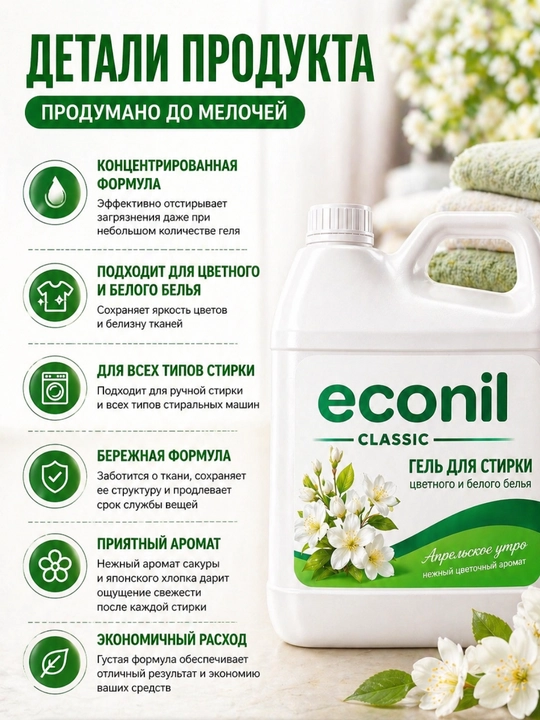 Гель для стирки Econil 3 л, жидкий стиральный порошок