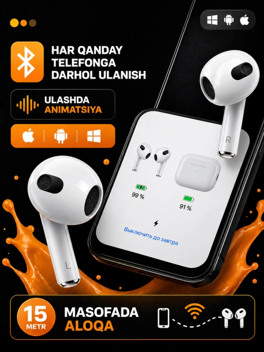 Наушники Pods 3, Bluetooth-наушники для iPhone и Android с сенсорным управлением
