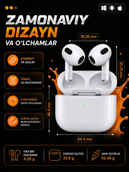 Наушники Pods 3, Bluetooth-наушники для iPhone и Android с сенсорным управлением