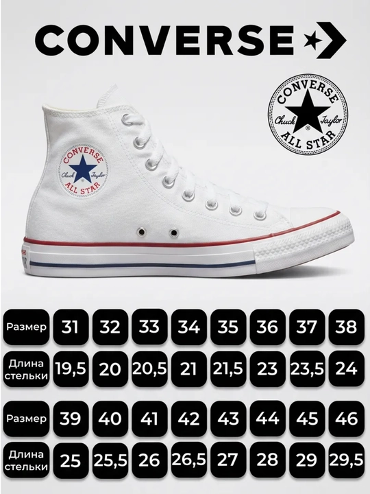 Kuz va bahor mavsumlari uchun mo‘ljallangan Converse sport kedalari, 1 o‘lcham kattaroq bo‘lishi tavsiya etiladi