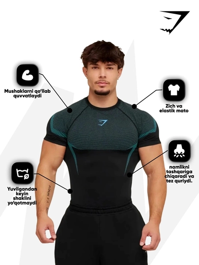 Компрессионная футболка Gym Shark, спортивная, рашгард, мужская, для фитнеса — ПРИКОЛ-ФУТБОЛКА1-ЗЕЛЕН-L